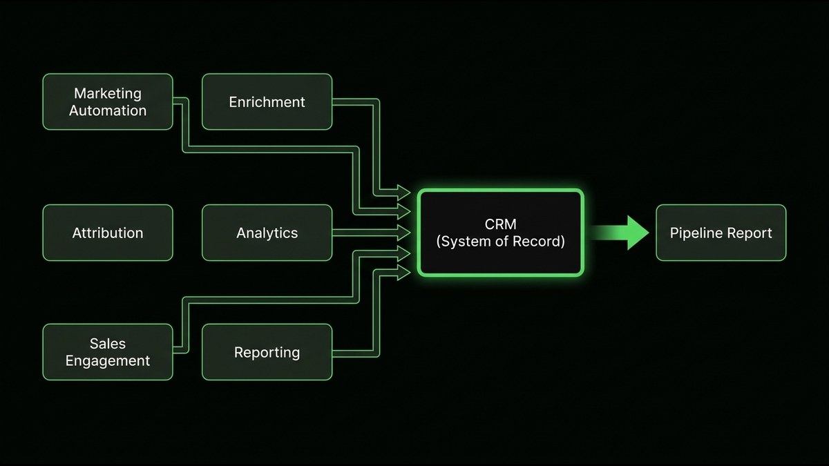 Diagram of six stack layers feeding one CRM and one pipeline report